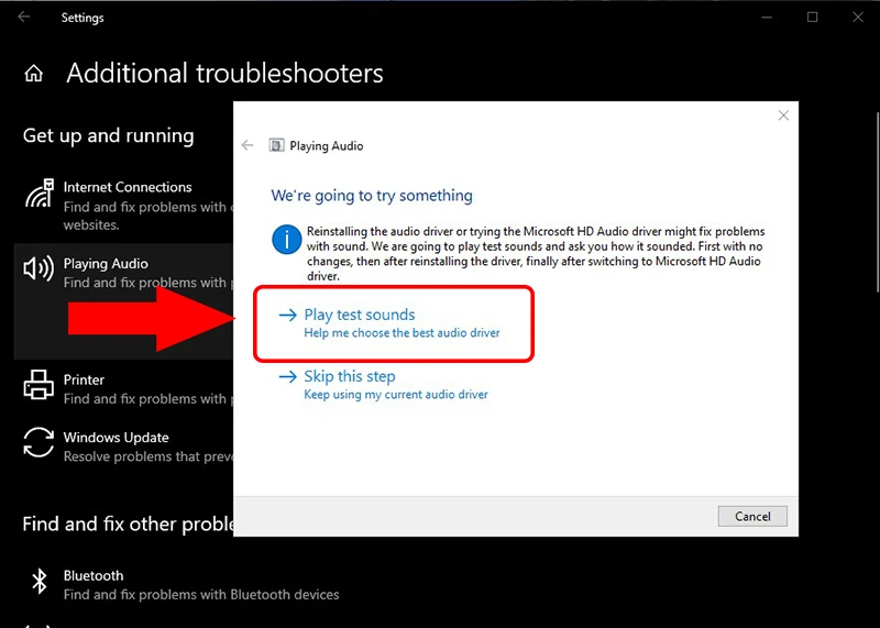Chọn dòng Play test sounds
