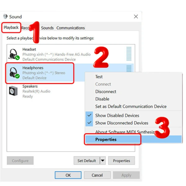 Chuột phải tại Headphones và chọn Properties