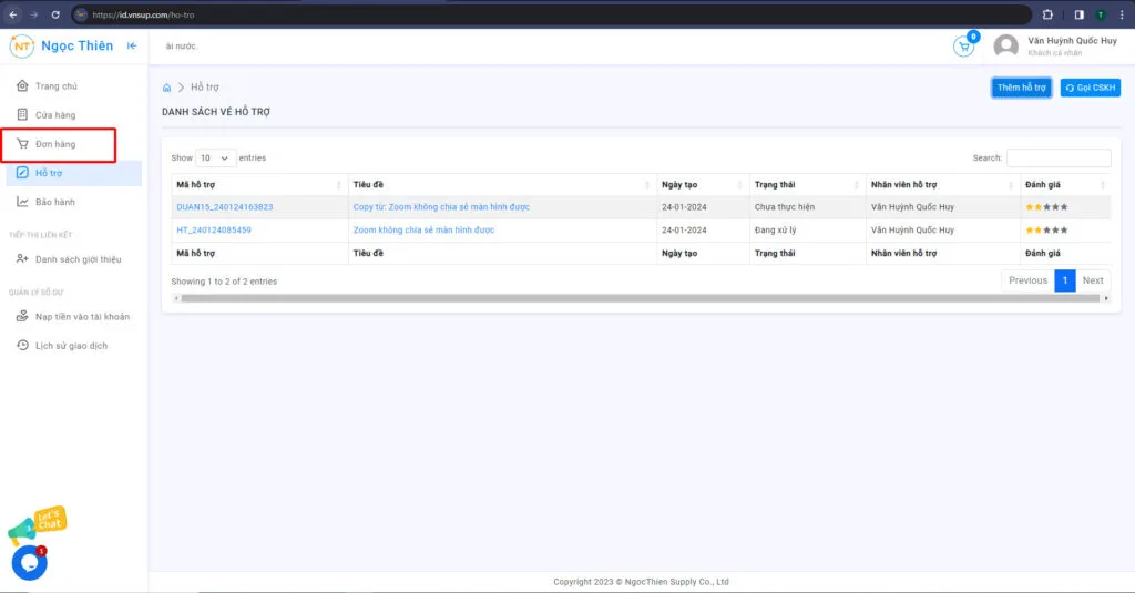 Hướng dẫn tạo phiếu hỗ trợ cho đơn hàng