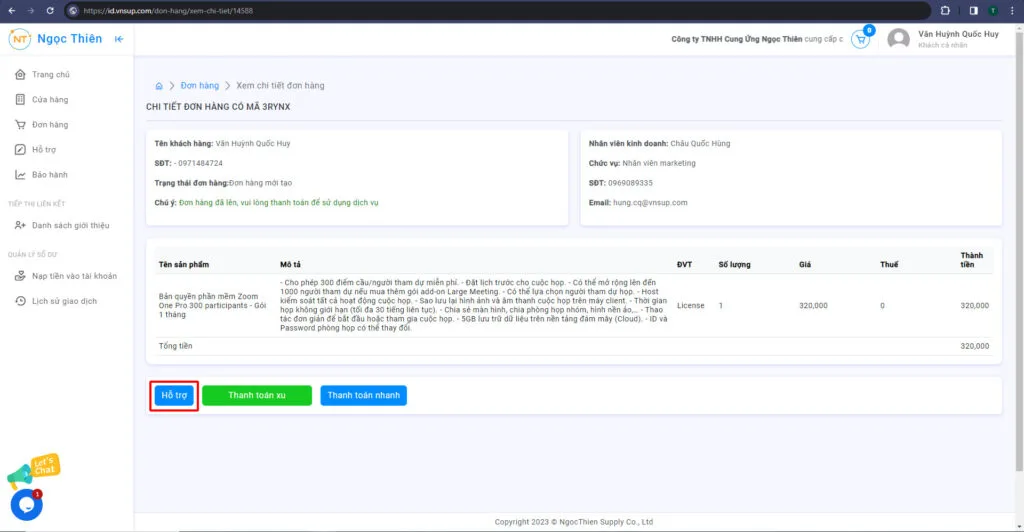 Nhấn vào nút hỗ trợ để gửi yêu cầu hỗ trợ cho đơn hàng trên website id.vnsup.com 