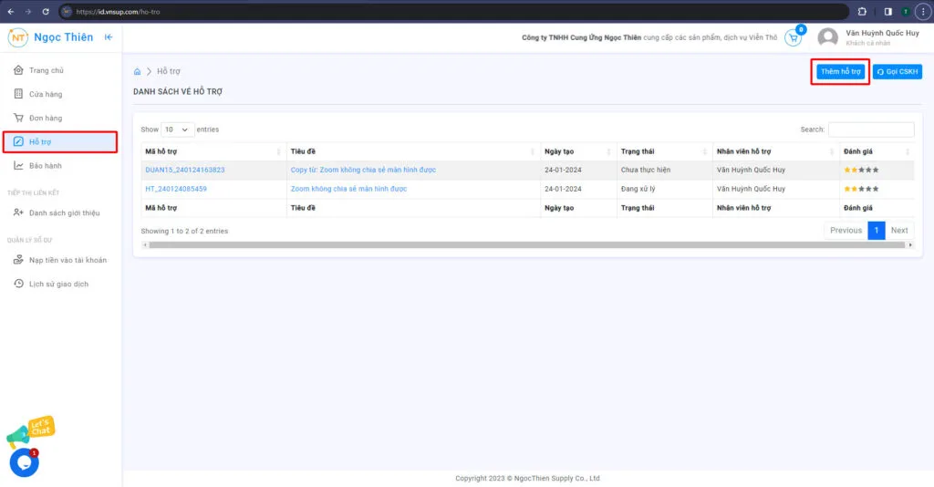Hướng dẫn tạo phiếu hỗ trợ trên website mua zoom tự động