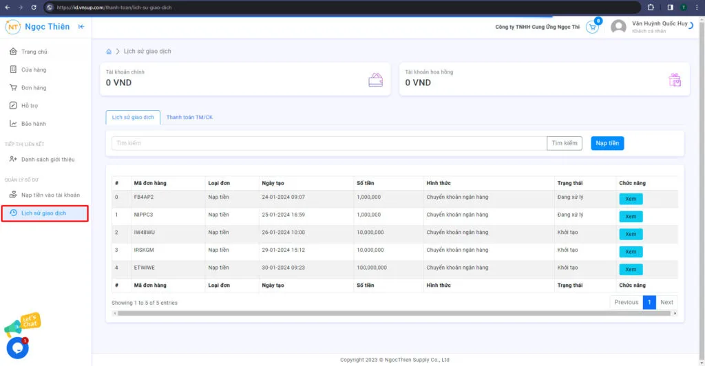 Hướng dẫn xem lịch sử giao dịch