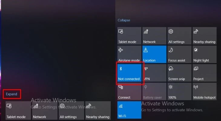Nhấn và mục Expand trên giao diện công cụ Action Center