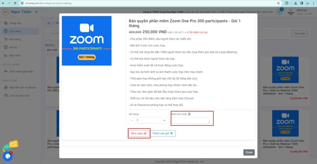 Nhập email muốn kích hoạt Zoom và kích vào nút mua ngay để mua Zoom tự động