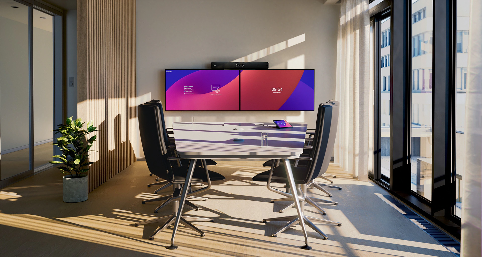 Cisco Room Bar Pro với màn hình phẳng kép dành cho hội nghị truyền hình trong phòng họp cỡ trung bình