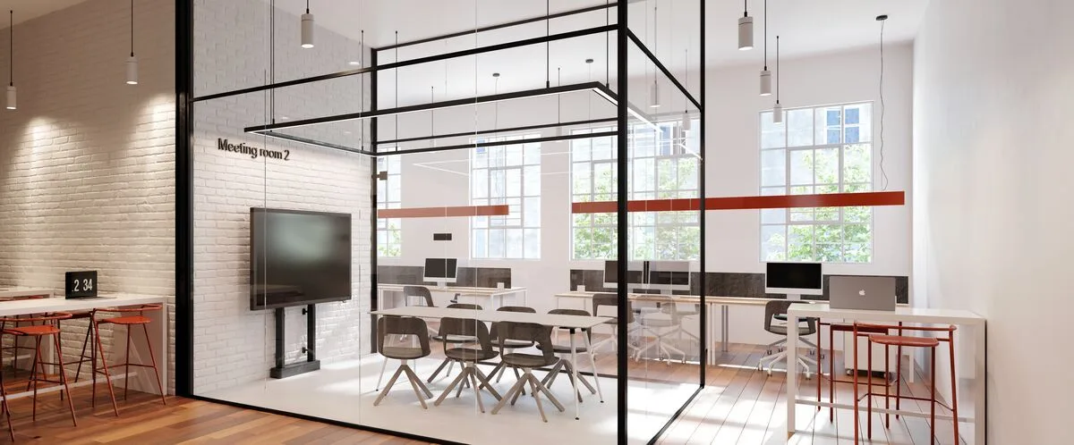 Phòng họp có sử dụng giá treo màn hình và bộ gắn phụ kiện Vogel's Rise A311 phía sau