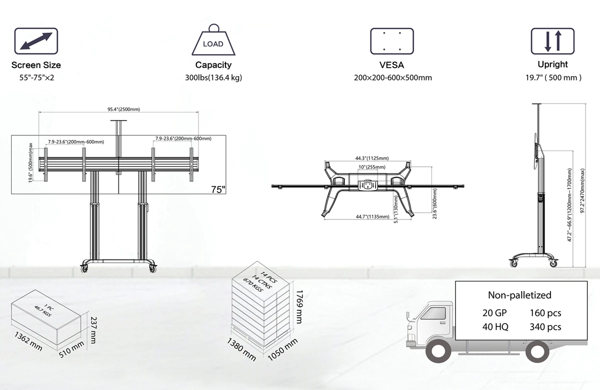 Thông số kỹ thuật giá treo di động cho 2 tivi NB T75-2A