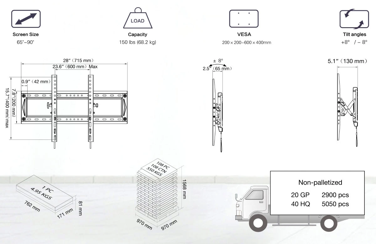 Thông số kỹ thuật giá treo tivi thẳng và nghiêng NB DF80T