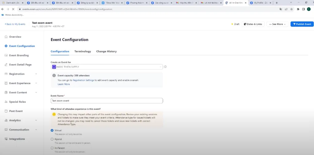 Tiếp tục thiết lập tạo sự kiện