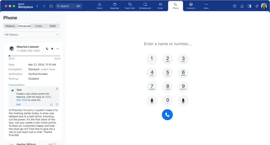 Với Trợ lý AI trên Zoom Phone, bạn có thể thấy ngay các tác vụ, tóm tắt cuộc gọi và các bước tiếp theo ngay từ giao diện Zoom Phone.