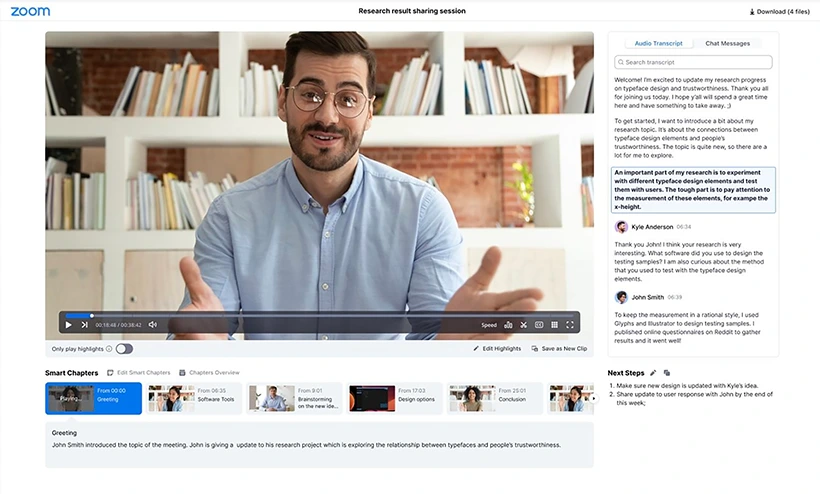 Zoom AI Companion giúp lưu lại bản ghi của Zoom và tổ chức nội dung theo chương và đoạn nổi bật