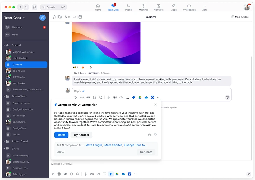 Zoom AI Companion hỗ trợ bạn soạn tin nhắn trong Team Chat