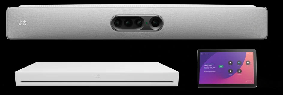 Các thành phần chính của gói Cisco Room EQ gồm Cisco Codec EQ, Cisco Quad Camera và bộ điều khiển cảm ứng Cisco Room Navigator.