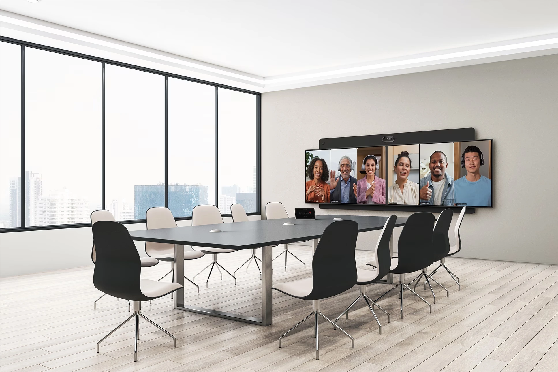 Mẫu treo tường Room Kit EQX được triển khai trong không gian họp cỡ vừa