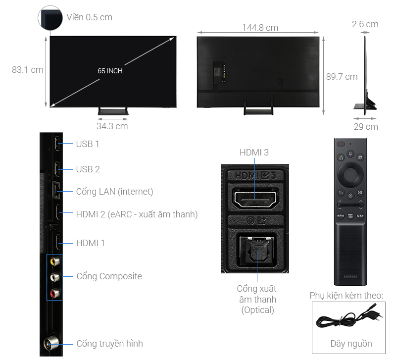 Thông số kỹ thuật Smart Tivi QLED 4K 65 inch Samsung QA65Q65A