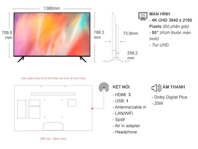 Thông số kỹ thuật Smart Tivi Samsung UHD 4K 55 inch UA55AU7002KXXV