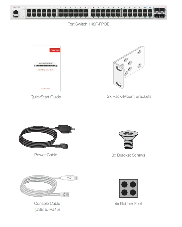 Các thành phần trong hộp Fortinet FortiSwitch 148F-FPOE (FS-148F-FPOE)