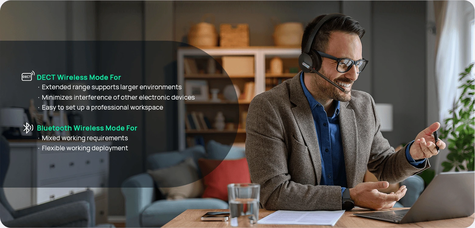 Đeo tai nghe không dây DECT Yealink WH64 làm việc trong văn phòng