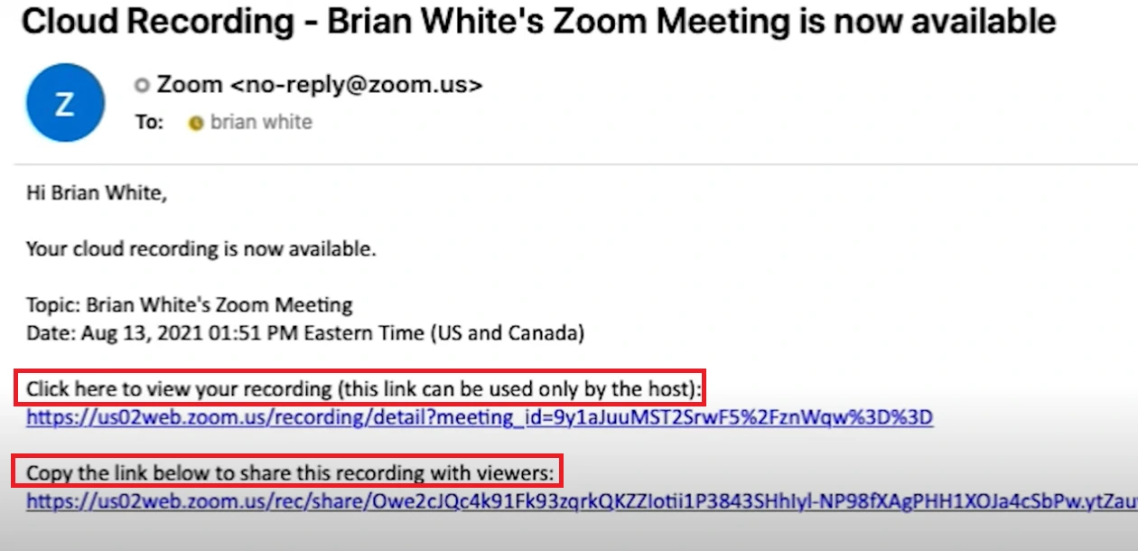 Email thông báo bản record Zoom của bạn đã có trên Zoom Cloud