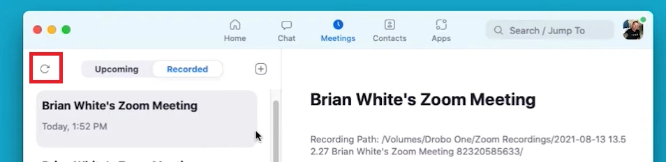 Refresh danh sách cuộc họp được ghi lại trên Zoom