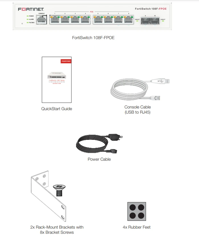 Trong hộp Fortinet FortiSwitch 108F-FPOE (FS-108F-FPOE)