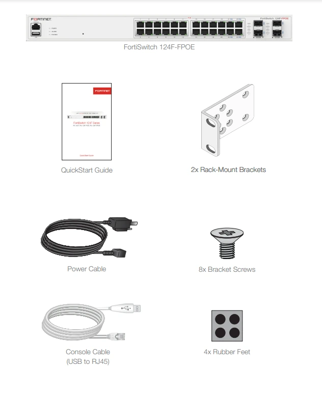 Trong hộp Fortinet FortiSwitch 124F-FPOE (FS-124F-FPOE)