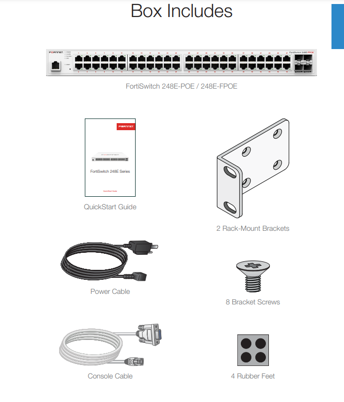 Trong hộp Fortinet FortiSwitch 248E-FPOE và FortiSwitch 248E-POE