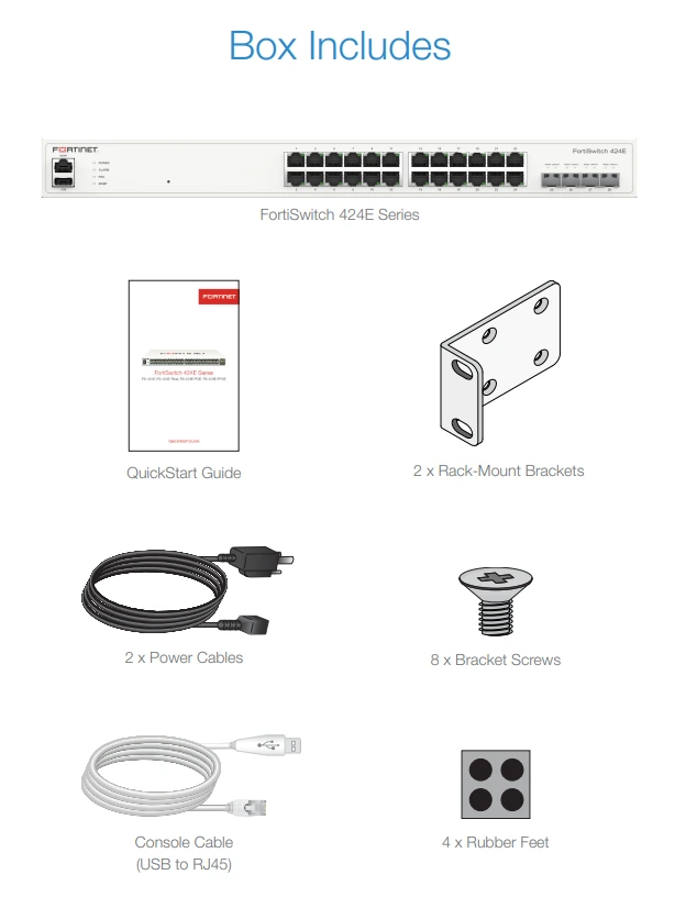 Trong hộp Fortinet FortiSwitch 424E-FPOE (FS-424E-FPOE)