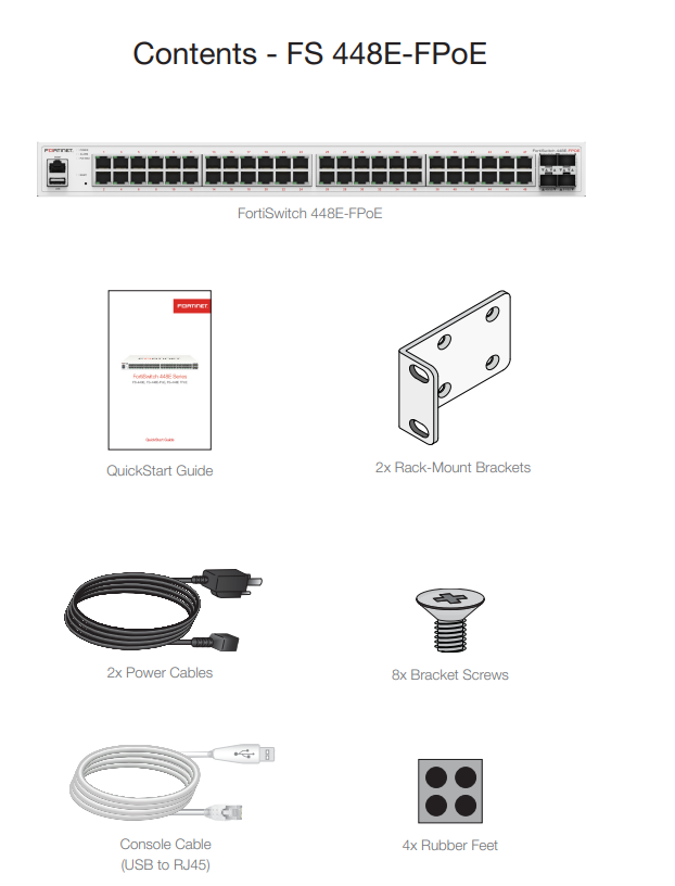 Trong hộp Fortinet FortiSwitch 448E-FPOE (FS-448E-FPOE)