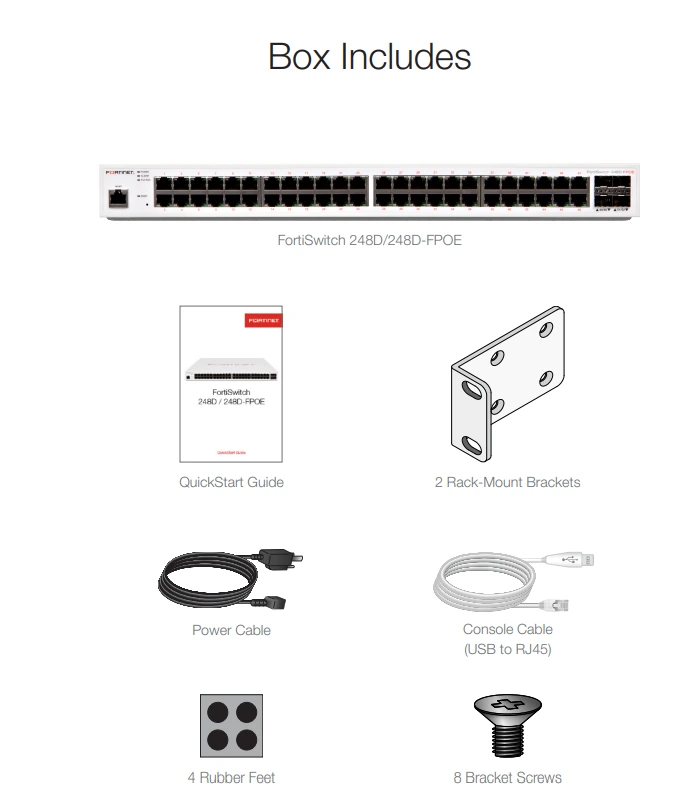 Trong hộp sản phẩm FortiSwitch 248D và 248D-FPOE
