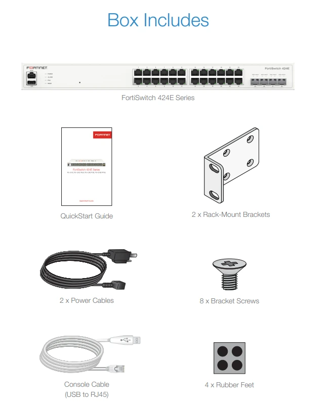 Trong hộp sản phẩm Fortinet FortiSwitch 424E (FS-424E)