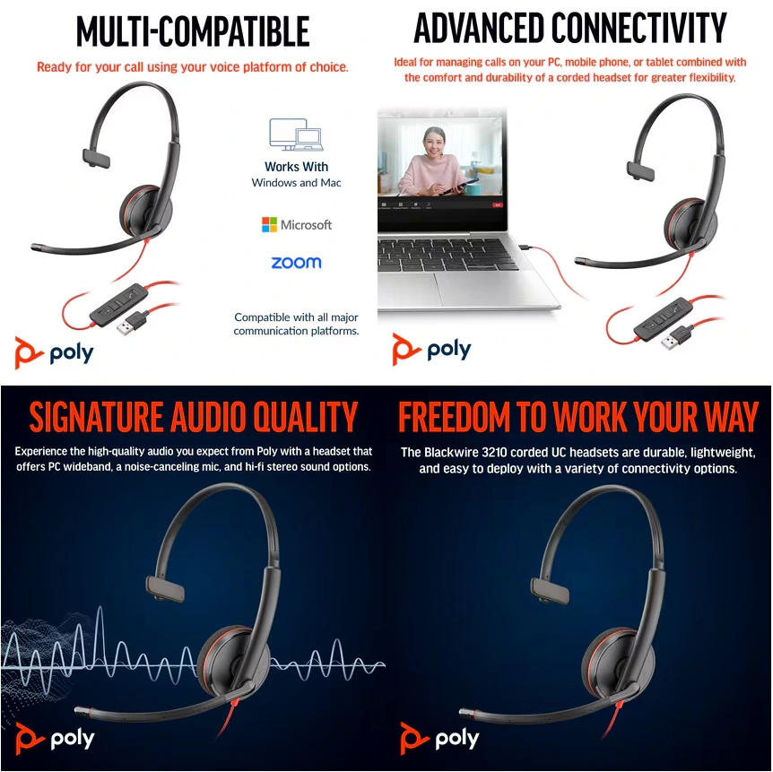 Một số tính năng của tai nghe Poly Blackwire 3210 Monaural USB-C Headset +USB-C-A Adapter