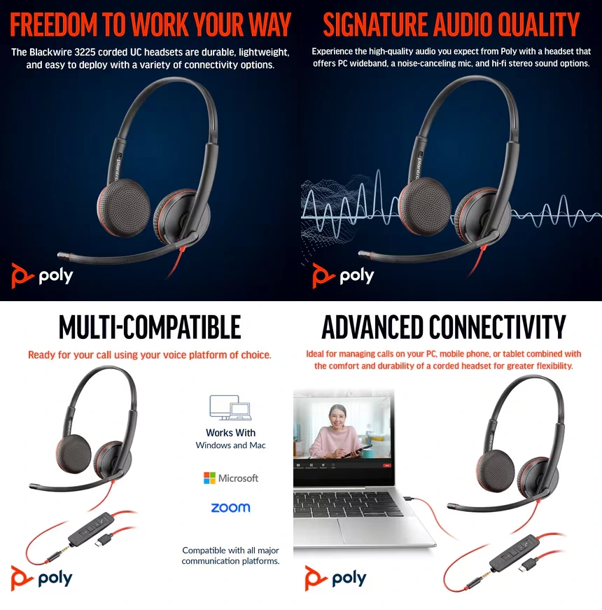Một số tính năng tai nghe Poly Blackwire 3225 Stereo USB-C Headset +3.5mm Plug +USB-C to A Adapter
