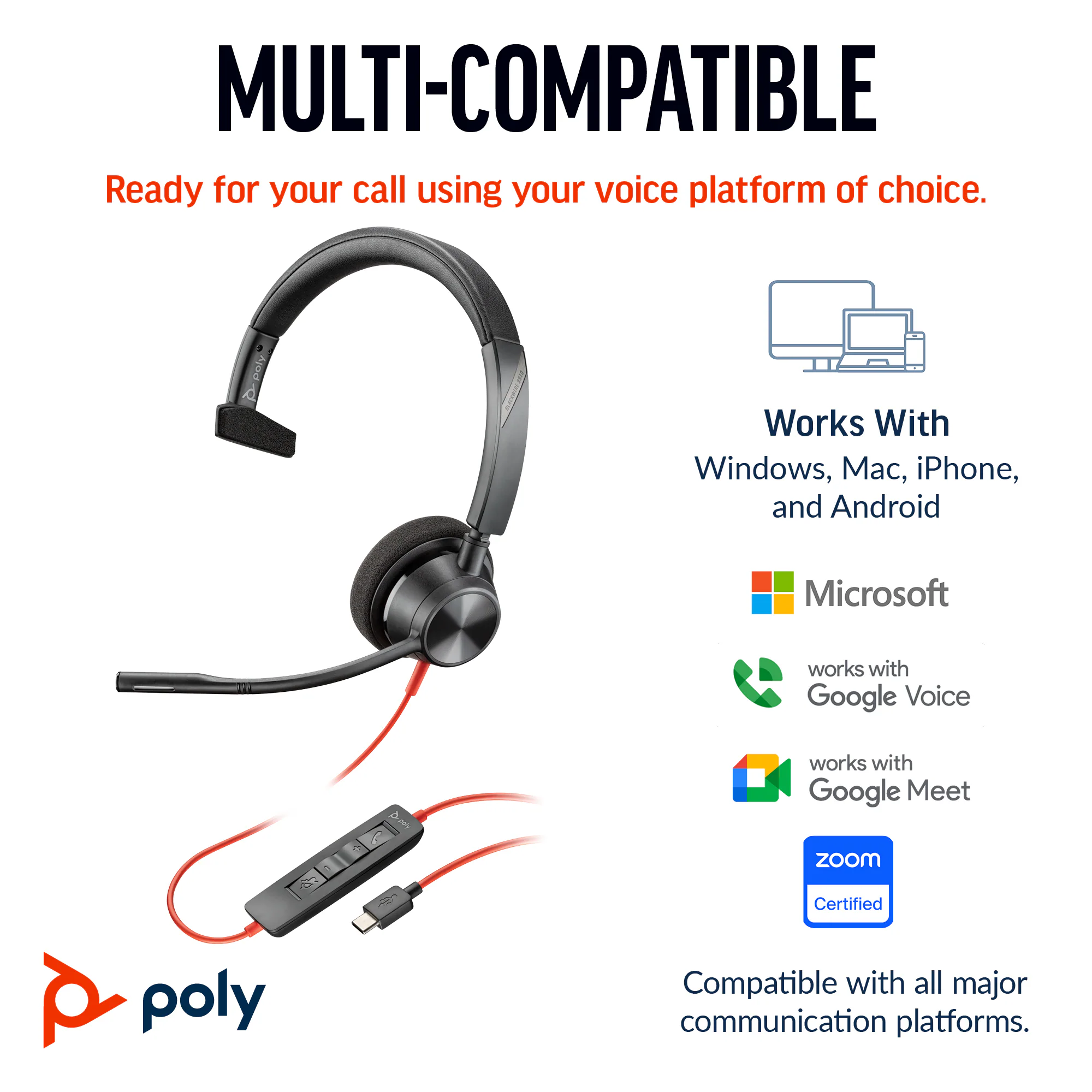 Poly Blackwire 3310 Monaural Microsoft Teams Certified USB-C Headset +USB-C to A Adapter feature 3