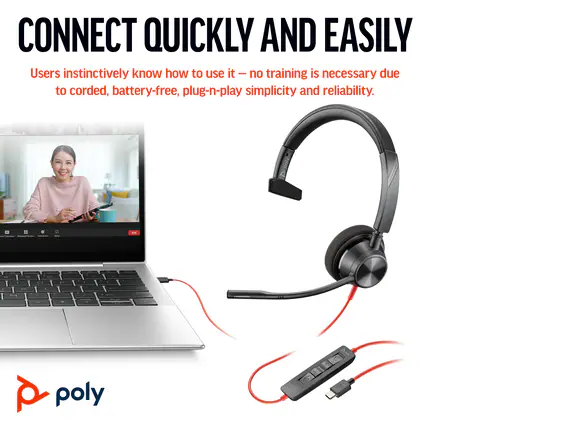 Poly Blackwire 3310 Monaural Microsoft Teams Certified USB-C Headset +USB-C to A Adapter feature