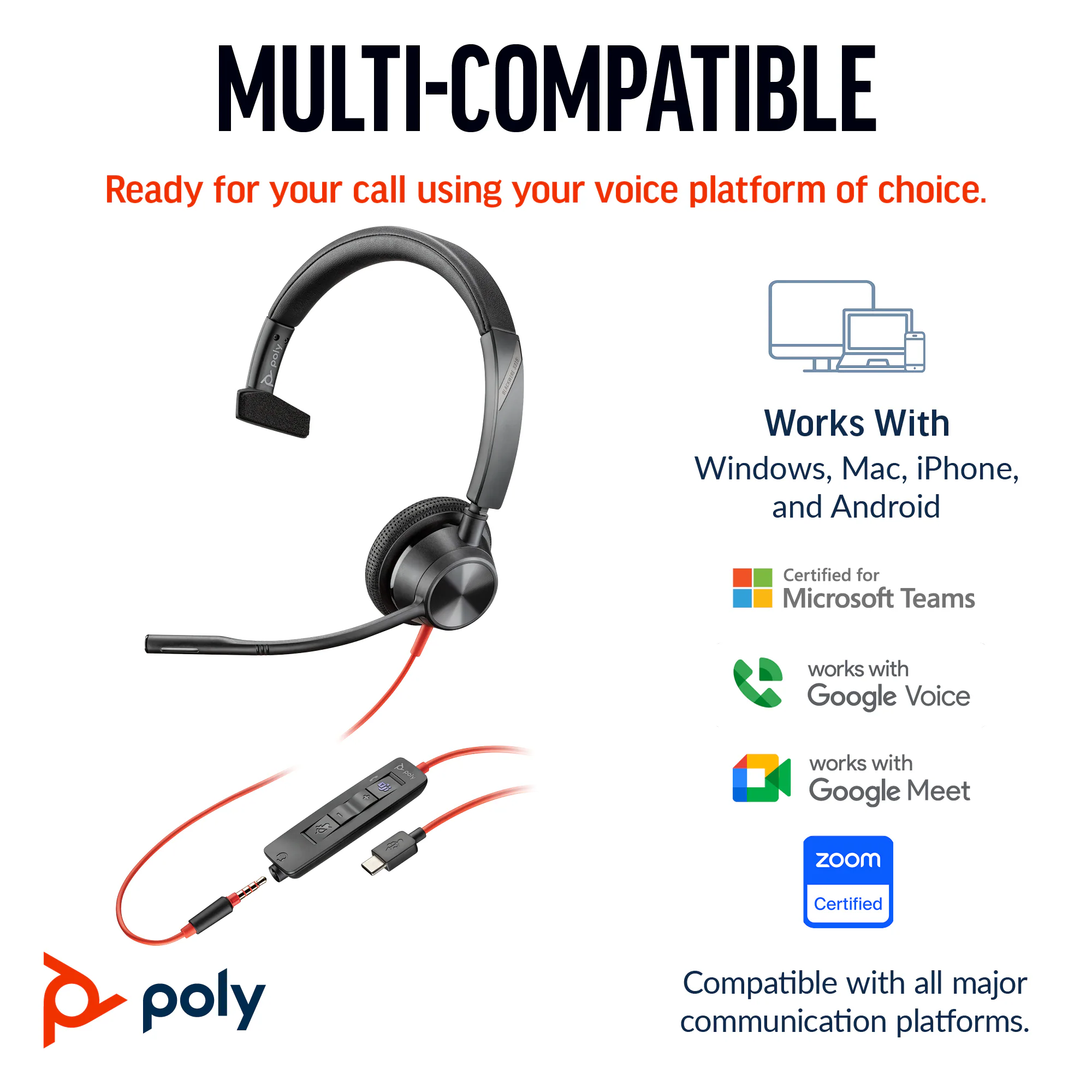 Poly Blackwire 3315 Monaural Microsoft Teams Certified USB-C Headset +3.5mm Plug +USB-C to A Adapter và các nền tảng tương thích