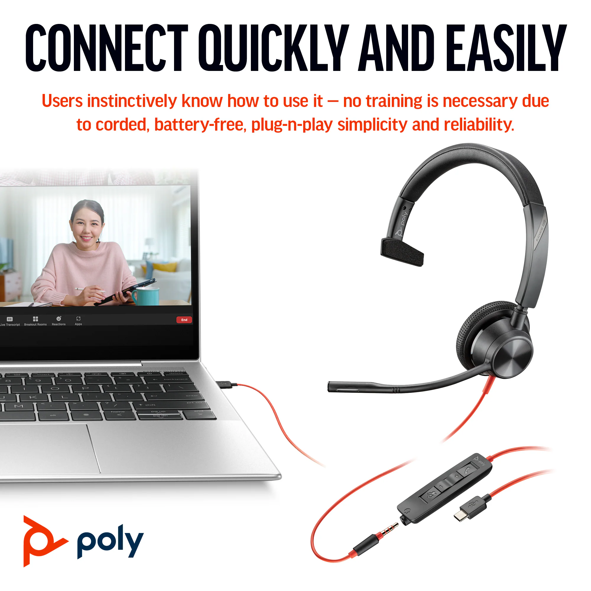 Poly Blackwire 3315 Monaural Microsoft Teams Certified USB-C Headset +3.5mm Plug +USB-C to A Adapter kết nối với 1máy tính