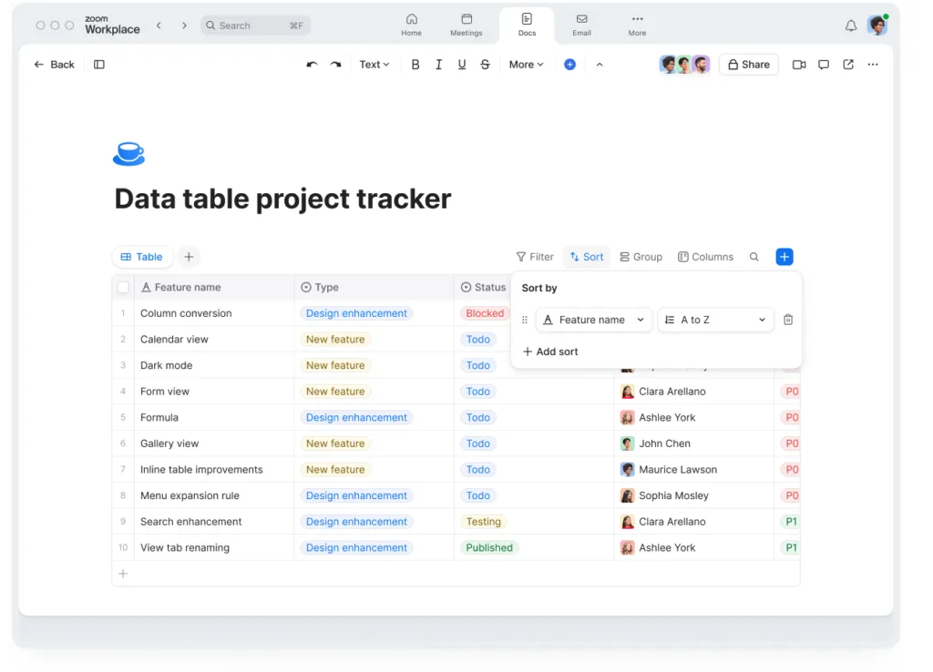 Sử dụng mẫu dự án của Zoom hoặc tạo bảng dữ liệu có khả năng lọc, sắp xếp và nhóm để tổ chức và lập kế hoạch cho các dự án.