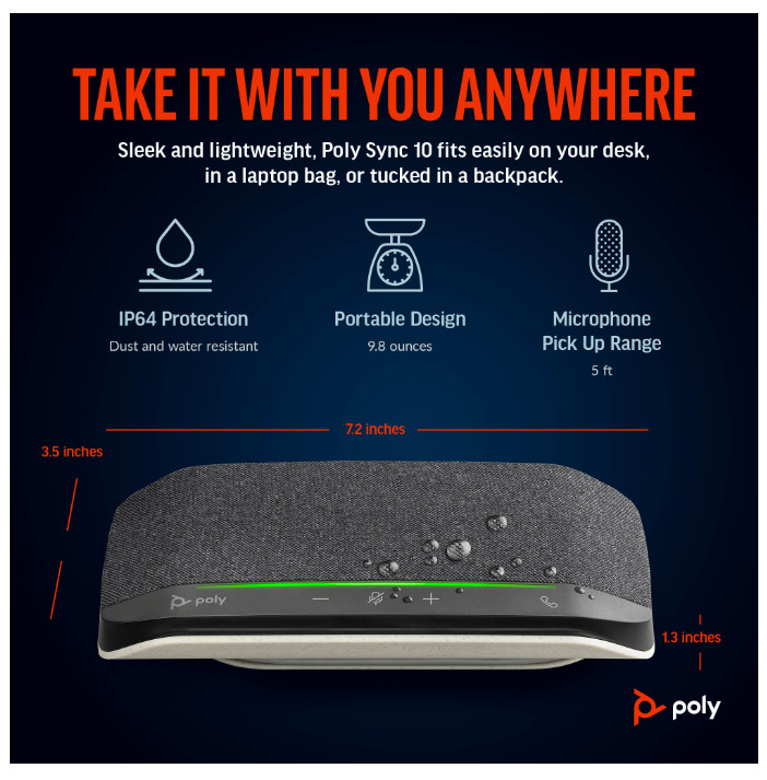 Poly Sync 10 Speakerphone +USB-A to USB-C Cable (7S4M6AA) dễ mang theo