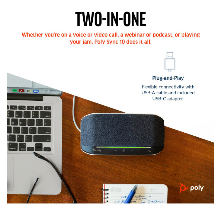 Poly Sync 10 Speakerphone +USB-A to USB-C Cable (7S4M6AA) kết nối với laptop