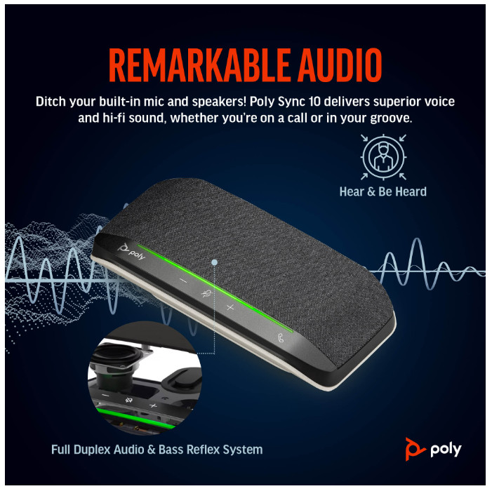 Poly Sync 10 Speakerphone +USB-A to USB-C Cable (7S4M6AA) với âm thanh chất lượng