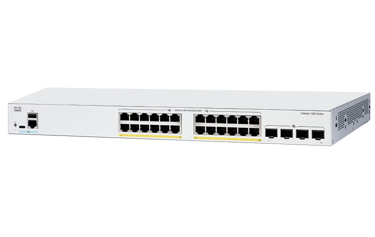 Switch Cisco C1200-24FP-4G 2025 Cisco C1200-24FP-4G có 24 cổng Gigabit Ethernet và 4 cổng quang SFP, hỗ trợ cấp nguồn PoE+ với tổng công suất 375W