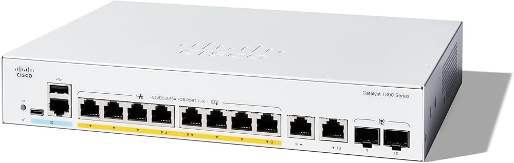 Switch C1300-8FP-2G có 8-port GE, cấp nguồn PoE+ (tối đa 120W) và 2x combo copper or SFP uplinks