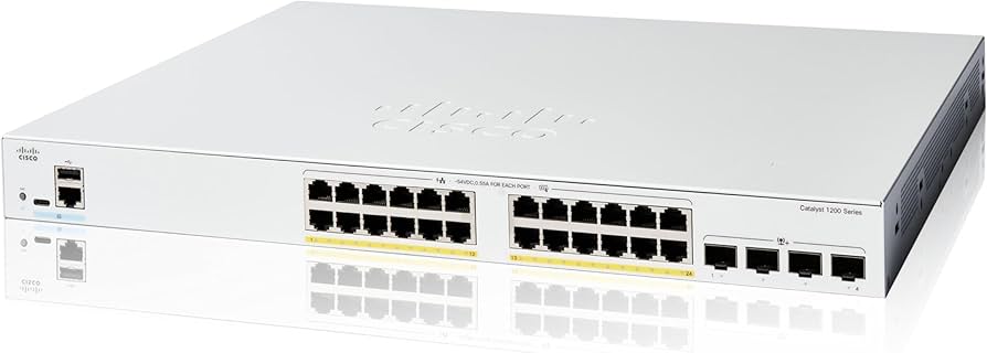 Switch Cisco C1200-24FP-4X 2025 Switch Cisco C1200-24FP-4X có 24 ports Gigabit Ethernet và 4 ports 10G SFP+ uplink
