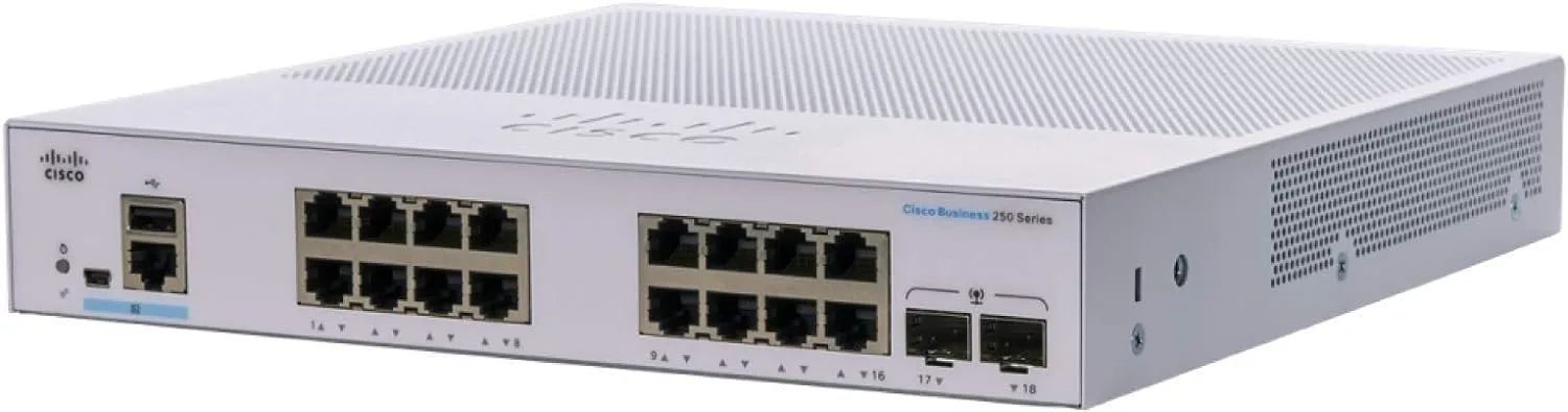CBS250-16T-2G-EU hỗ trợ 16 cổng Gigabit Ethernet và 2 cổng SFP