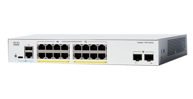 Switch Cisco C1200-16T-2G 2025 Cisco C1200-16T-2G với 16 cổng Gigabit Ethernet và 2 cổng SFP uplinks