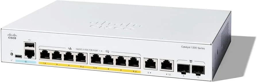 Cisco C1200-8P-E-2G với 8 ports Gigabit Ethernet cấp nguồn PoE+ tối đa lên tới 67W, 2 ports combo copper, SFP uplinks