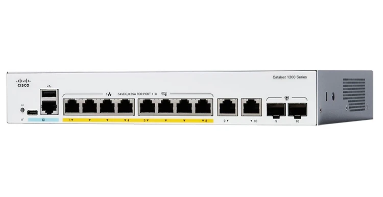 Cisco C1200-8T-E-2G được trang bị 8 cổng Gigabit RJ-45 và 2 cổng combo Gigabit Copper or SFP, mang lại khả năng kết nối linh hoạt