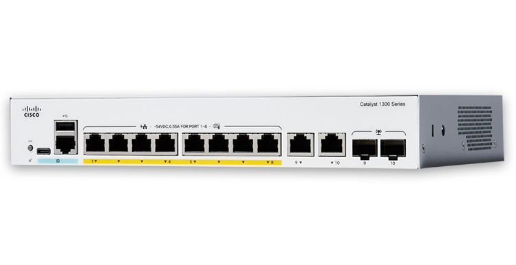 Switch Cisco C1300-8T-E-2G 2025 Cisco C1300-8T-E-2G với 8 cổng GE, Ext PS và 2 cổng combo 1G copper, SFP