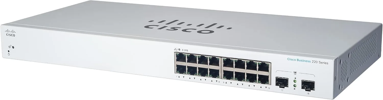 Cisco CBS220-16P-2G-EU có 16 cổng Gigabit Ethernet PoE và 2 cổng Gigabit Ethernet SFP